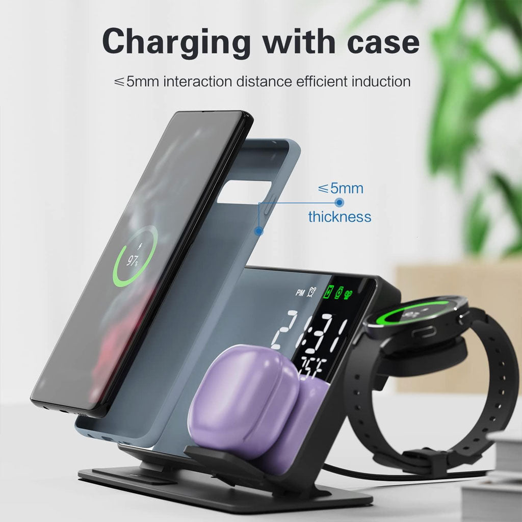 Station de Charge Sans Fil 4 en 1 avec Réveil Digital Intégré