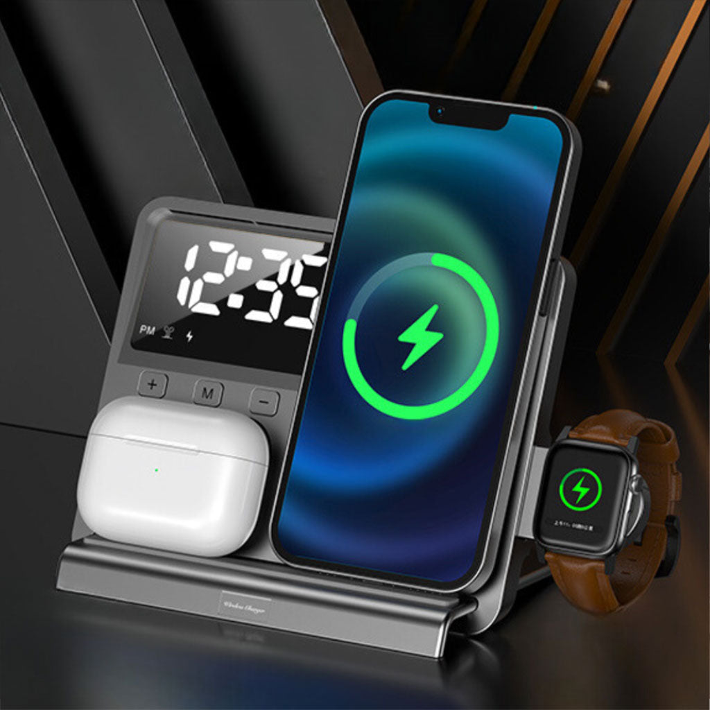 Station de Charge Sans Fil 5 en 1 avec Réveil Intégré et Design Magnétique