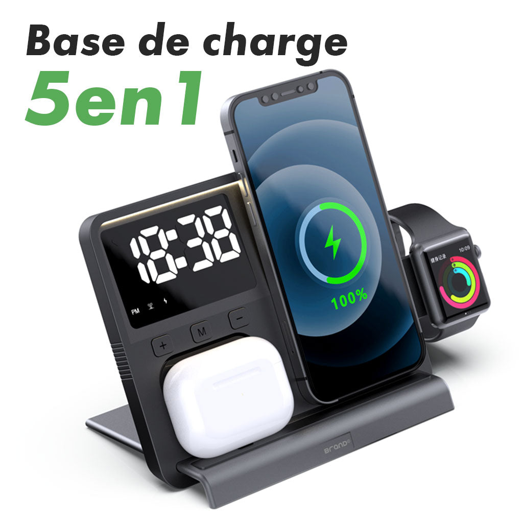 Station de Charge Sans Fil 5 en 1 avec Réveil Intégré et Design Magnétique